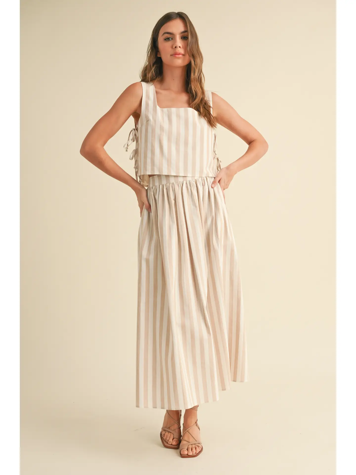 Stripe Pattern Tie On the Side Top - Beige
