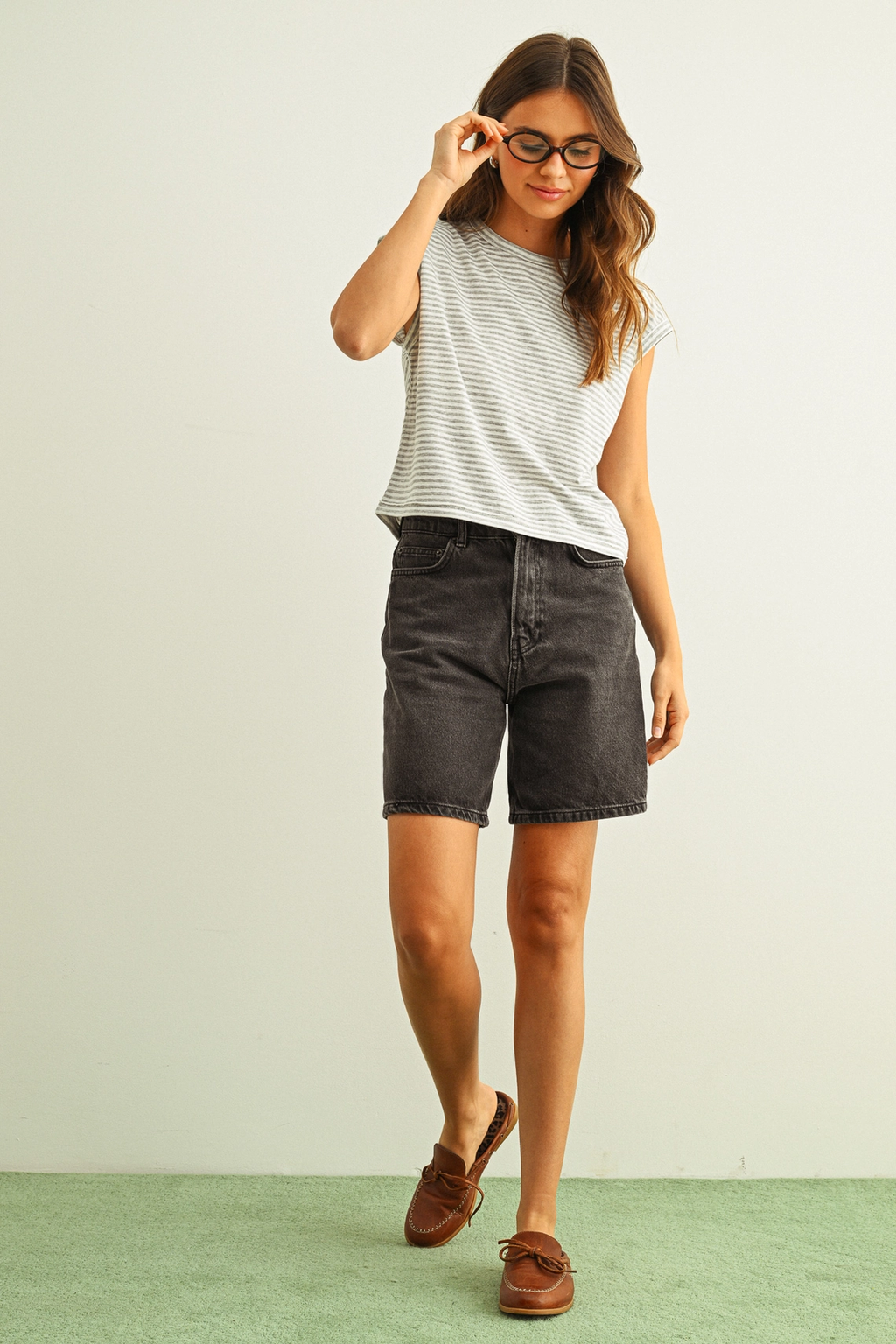 Stripe Pattern Slub Top - White Grey