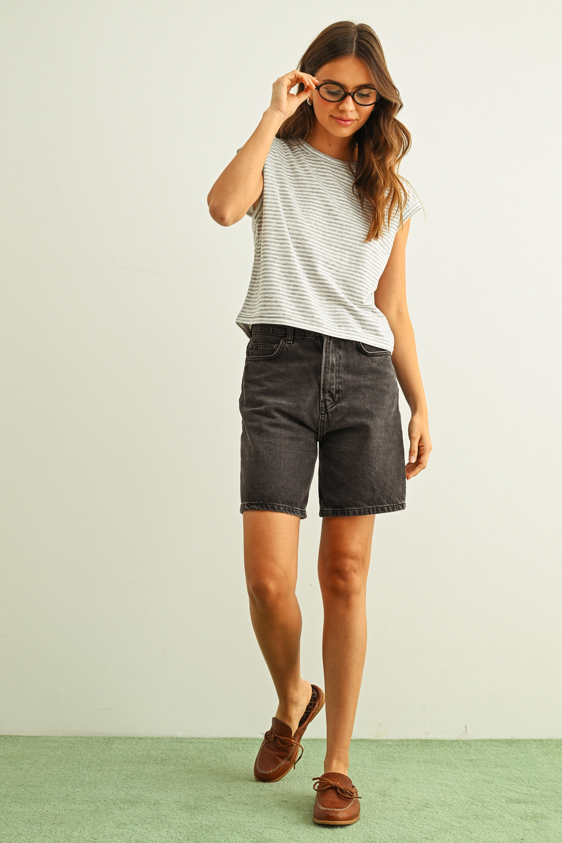Stripe Pattern Slub Top - White Grey