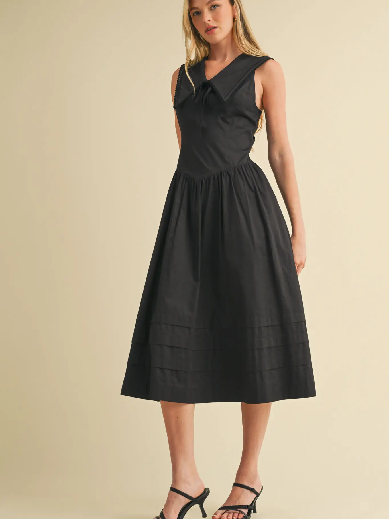 Doll Collar Lace Trim Midi Dress - BLACK