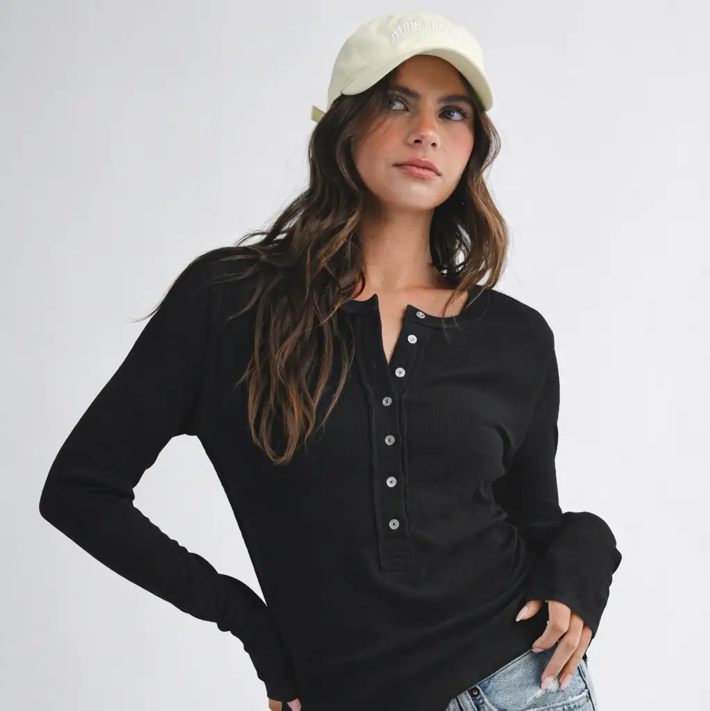 Henley Long Sleeve Top - BLACK