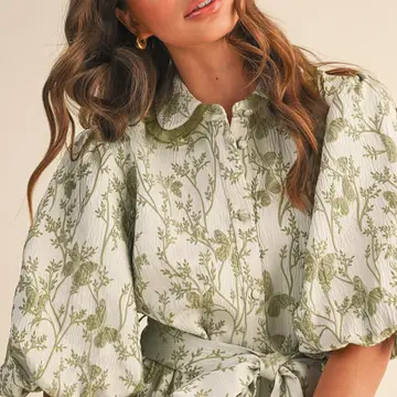 Jacquard Bubble Sleeve Button Down Midi Dress  - SAGE GREEN