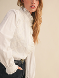 Ruffled Lace Trim Button Down Top - White