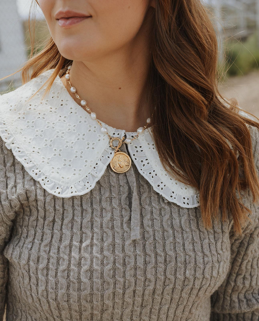 Long Sleeve Cable Knit with Crochet Collar