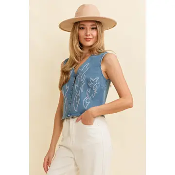 Denim Embroidery Design On Front Crop Vest - Denim Blue
