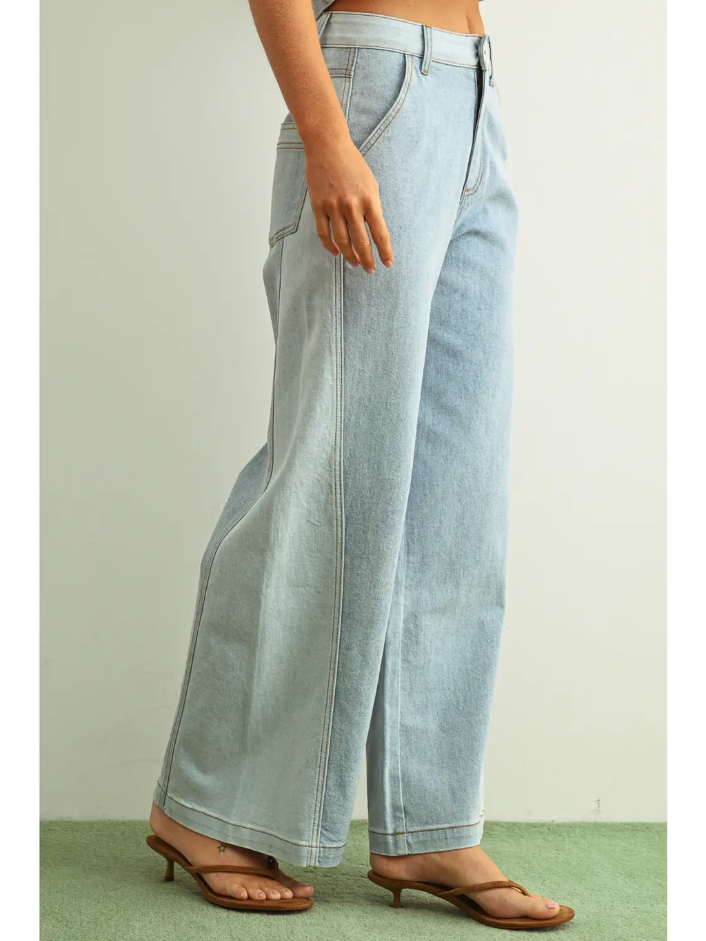 Denim Color Blocked Wide Straight Leg Pants