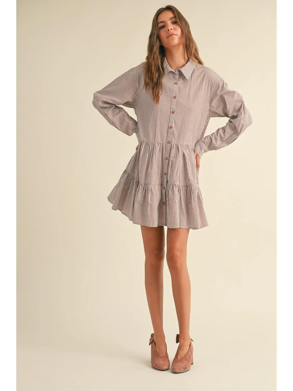 Striped Pattern Buttondown Tiered Bottom Dress - Brown