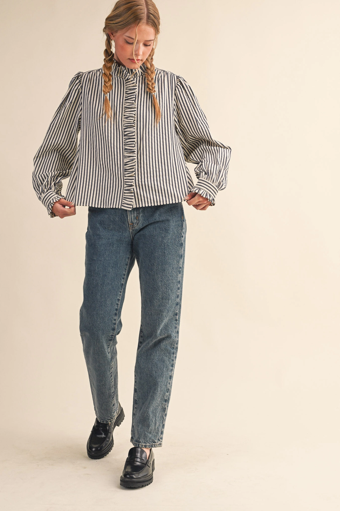 Striped Ruffled Button Down Long Sleeve Top