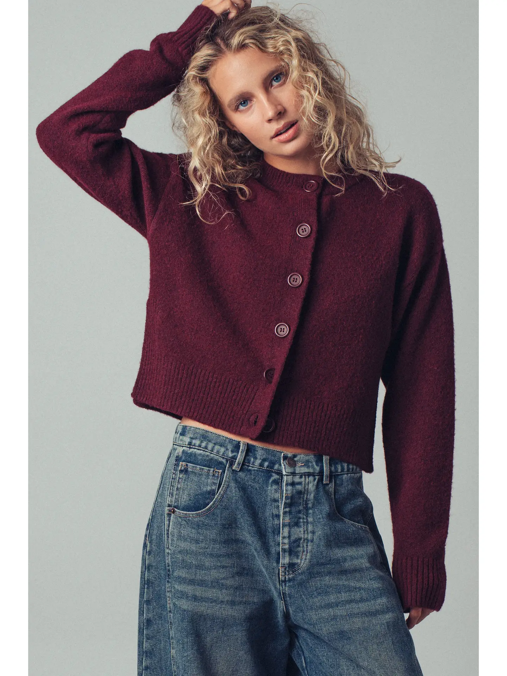 Relaxed Wool Blend Button-Up Cardigan - WINE