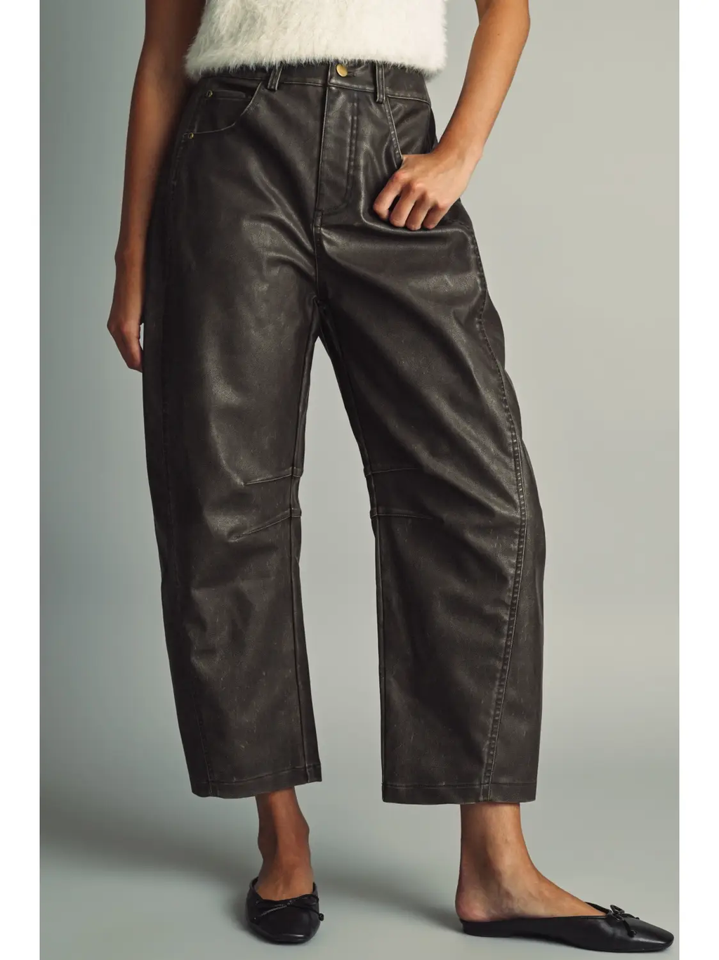 Washed Effect Barrel Pu Pants - BLACK