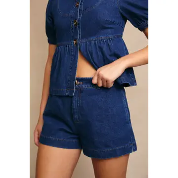 Peter Pan Collar Puff Sleeve Denim Top with Mid Rise Shorts
