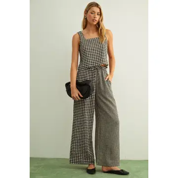 Mixed Gingham Straight Pants - Black/Cream