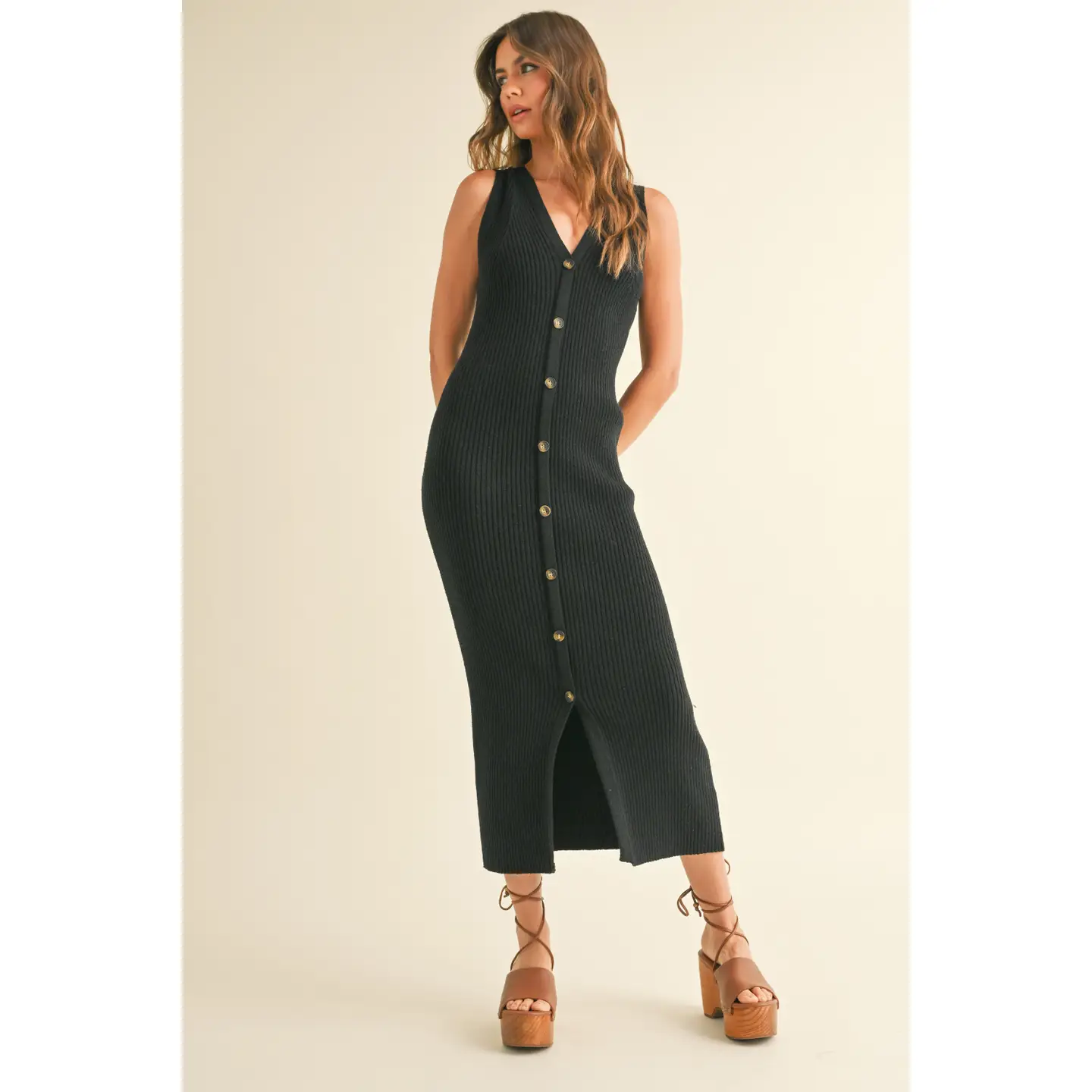 Buttondown Ribbed Knitted Long Dress