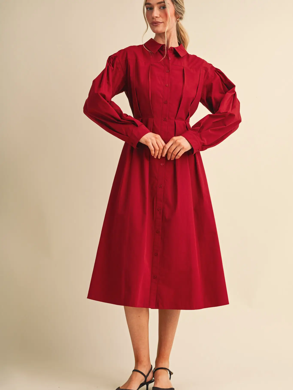 Pleated Waist Button Down Midi Dres