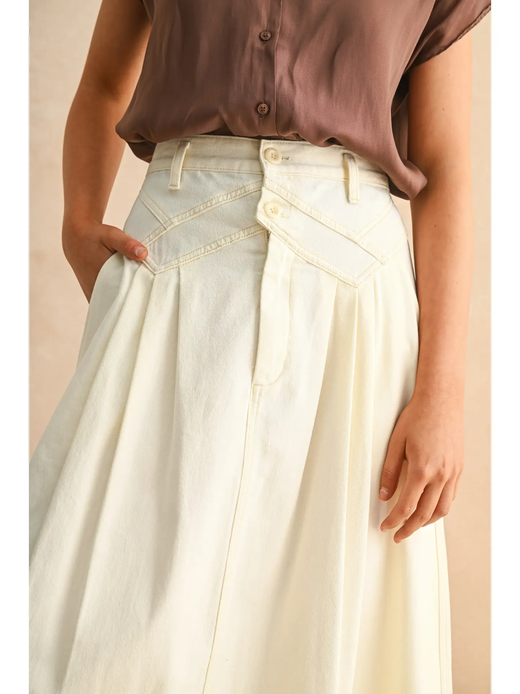 Mini Pleat Detailed Long Skirt - Cream
