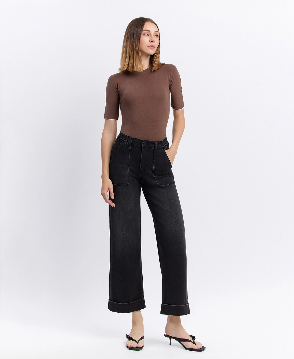 High Rise Cuffed Baggy Wide Jeans - Black