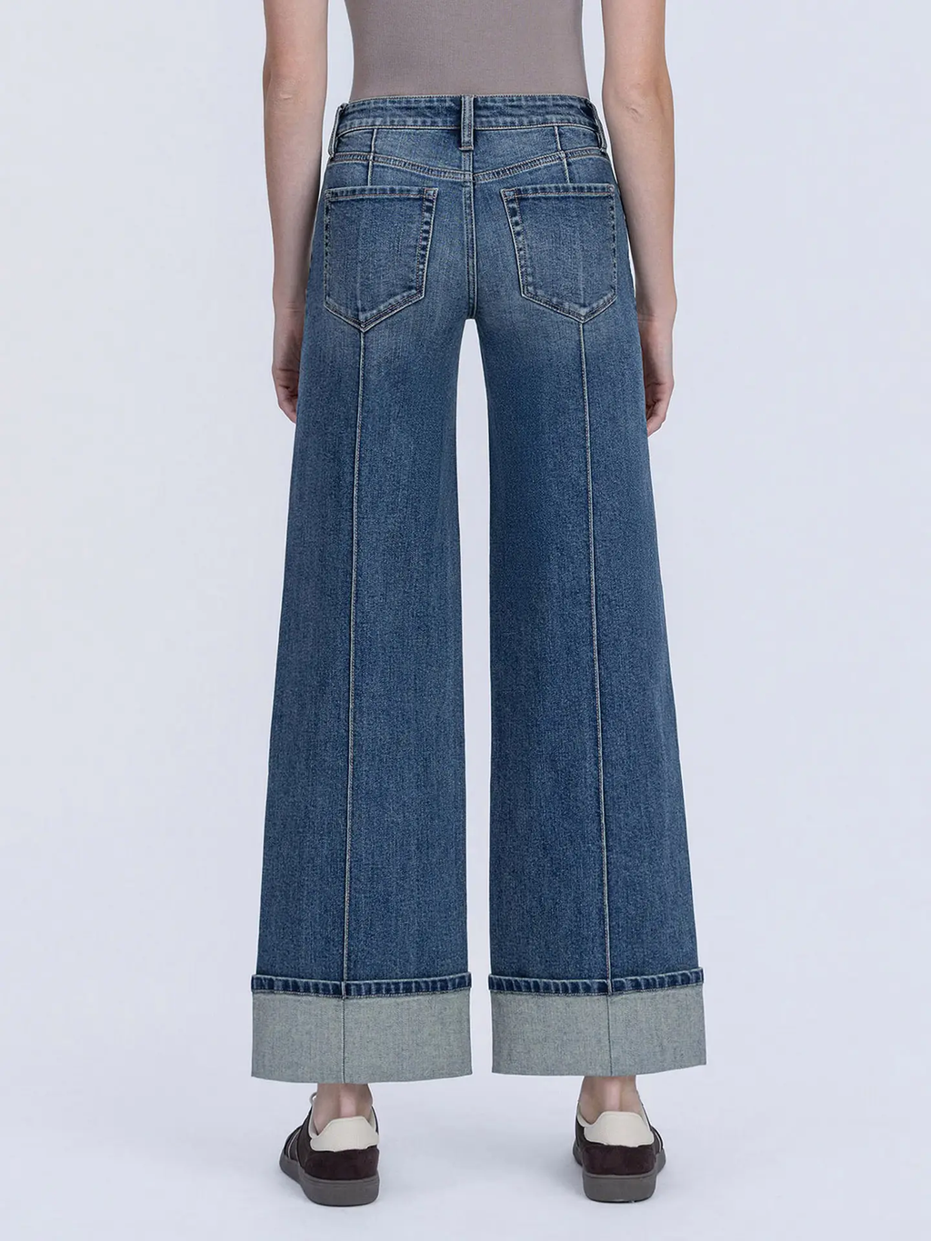 Mid Rise Pin Tuck Cuffed Baggy Wide Jeans F6323