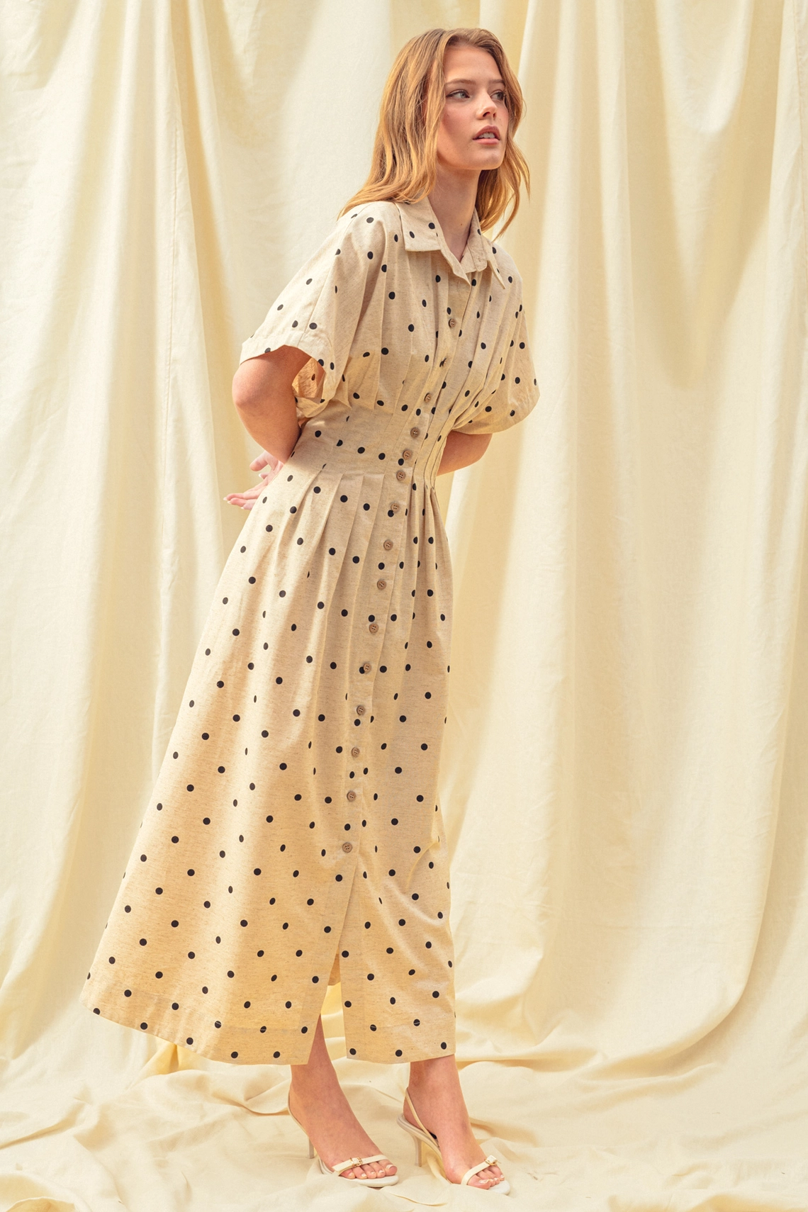 Polkadot Print Short Sleeve Button Front Dress