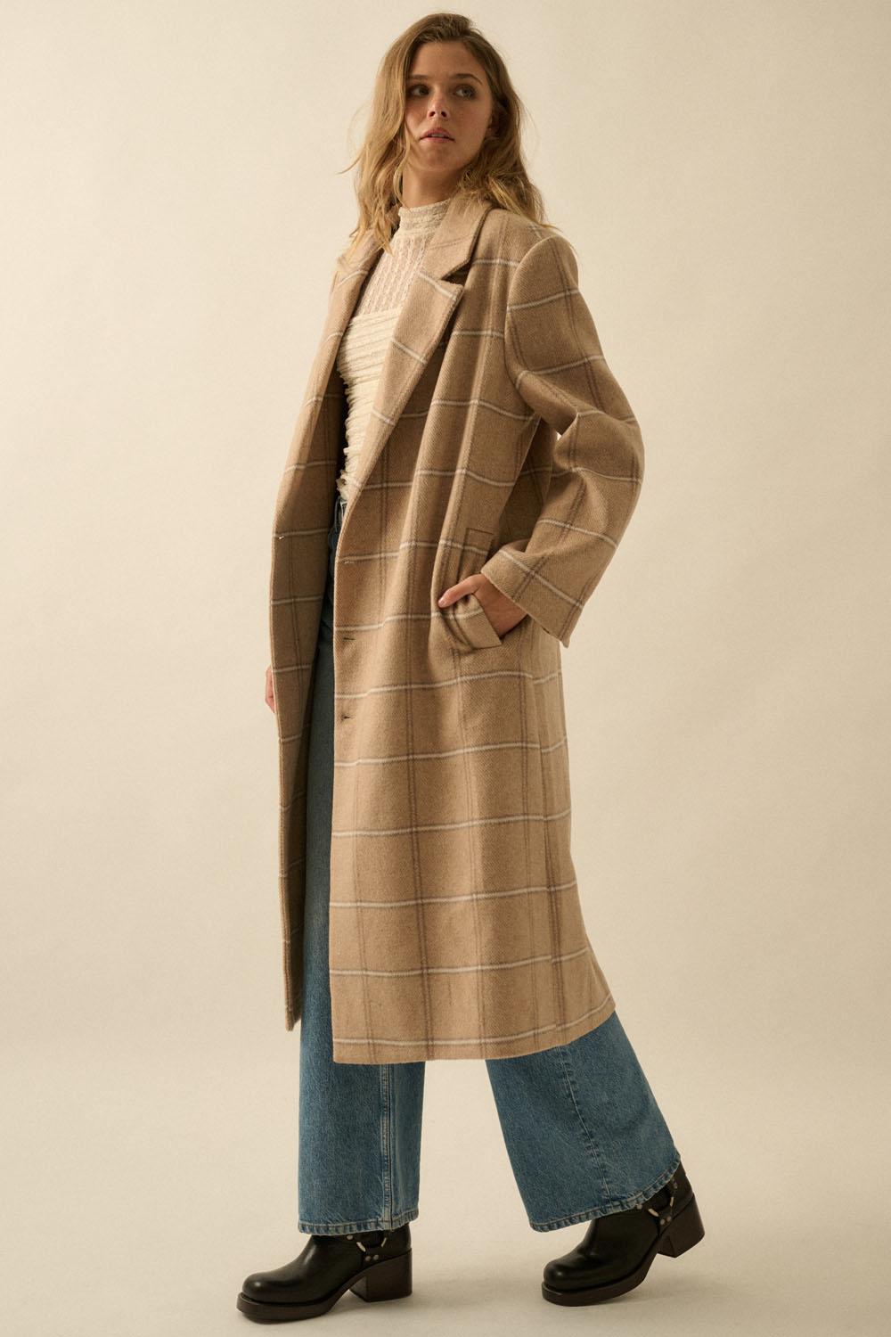 Paid Herringbone Tweed Calf-Length Overcoat