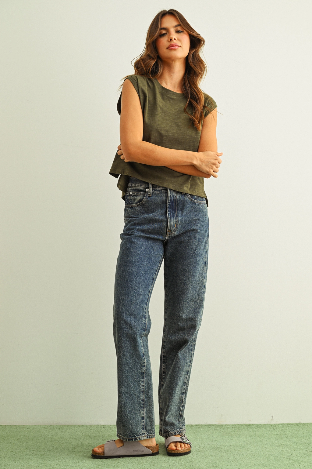 Round Neck Slub Top - Olive