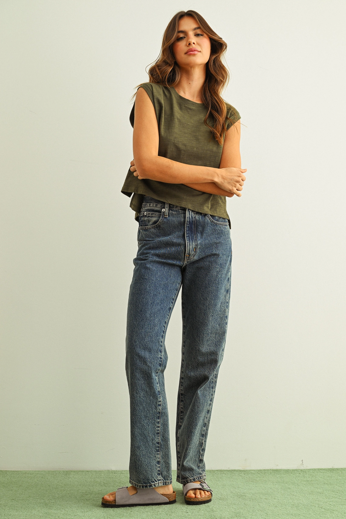 Round Neck Slub Top - Olive