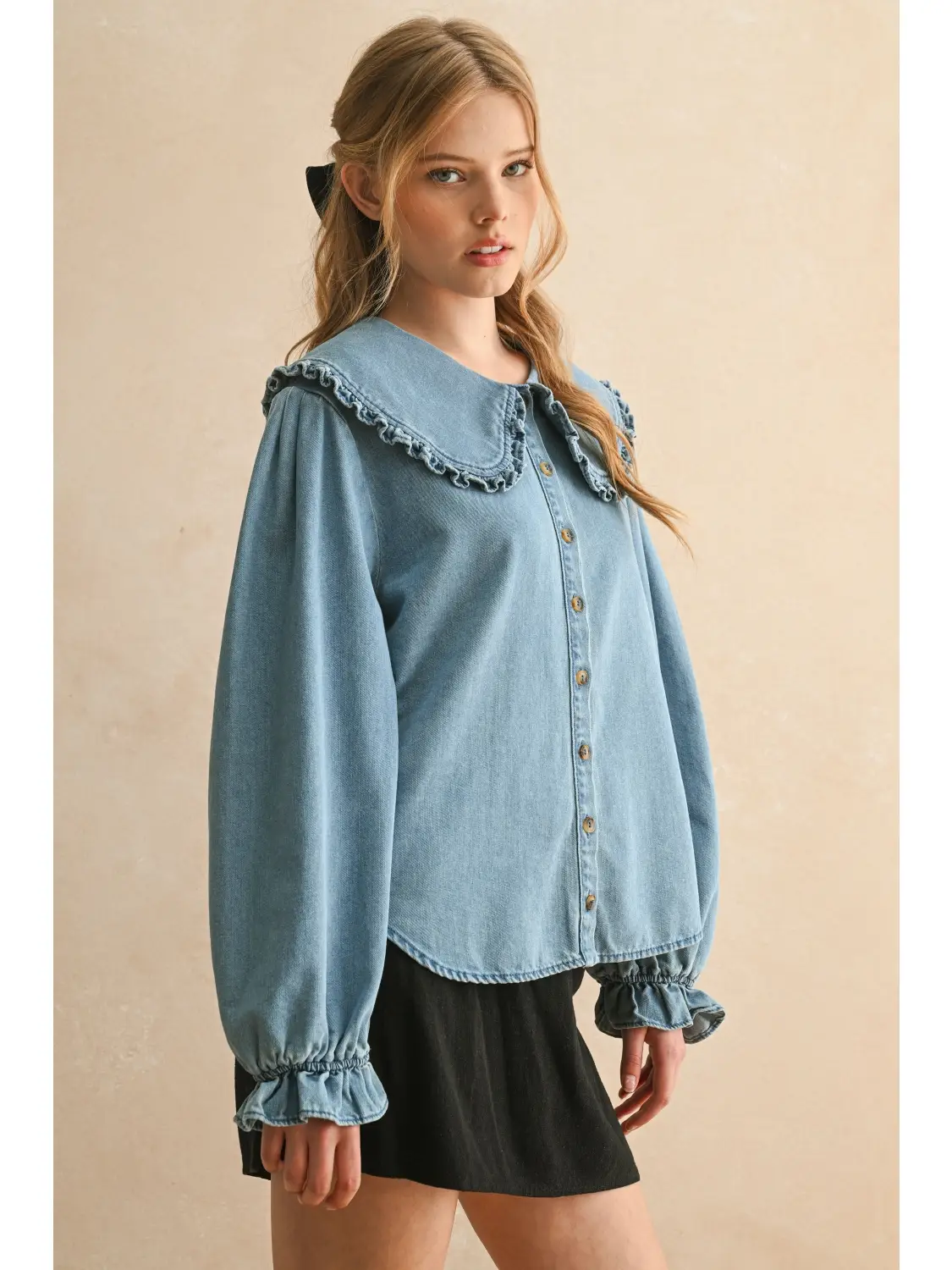 Ruffled Trim Collar Denim Shirt