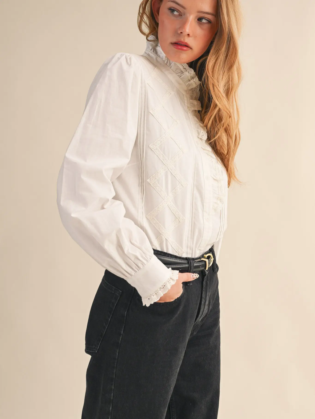 Ruffled Lace Trim Button Down Top
