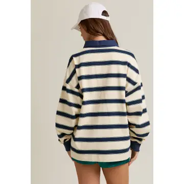 Long Sleeve Collared Oversized Stripe Top - CREAM & NAVY STRIPE