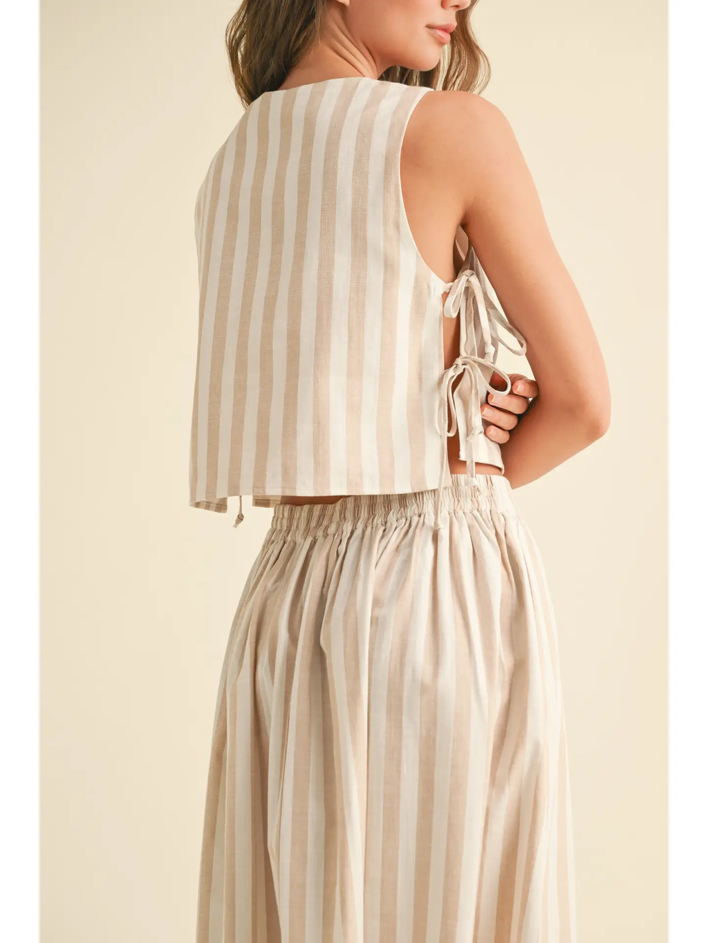 Stripe Pattern Tie On the Side Top - Beige