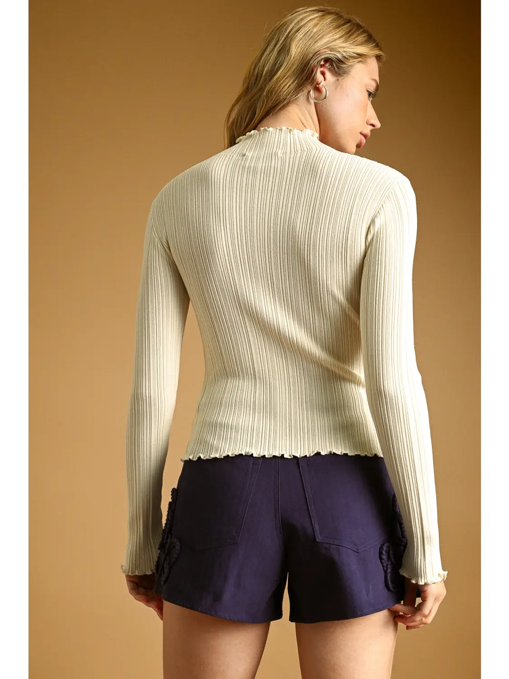 Long Sleeve Ribbed Knitted Top - CREAM