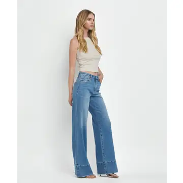 High Rise Raw Hem Wide A Line Jeans - LEGITIMATE