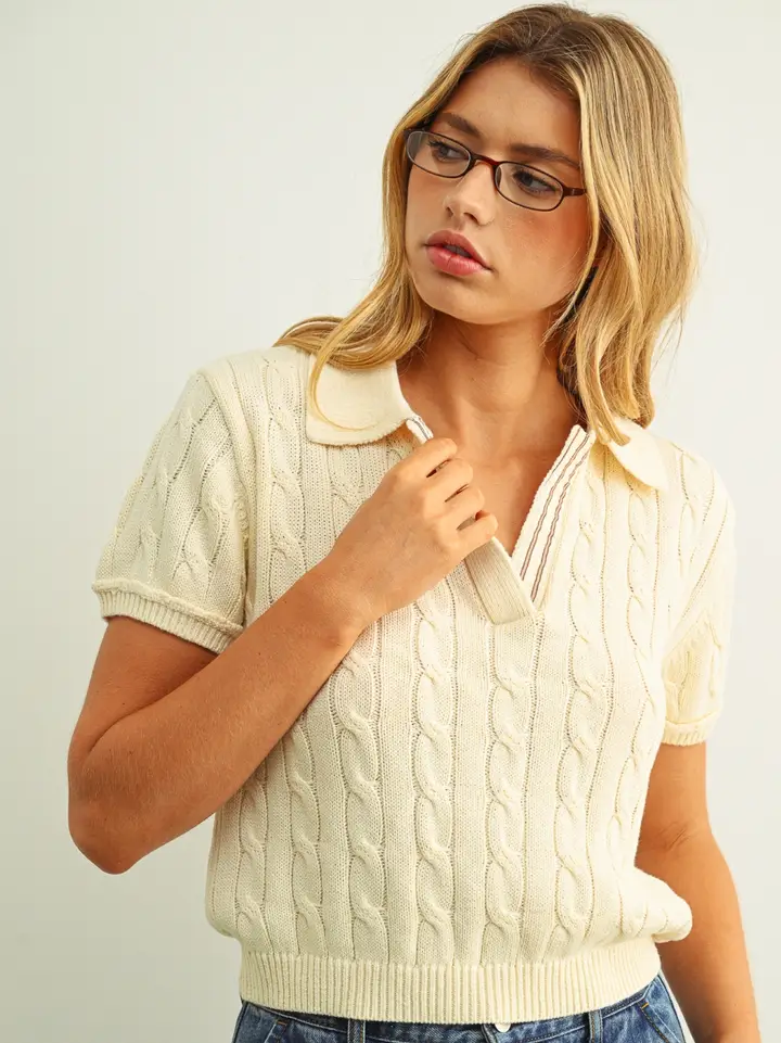 Short Sleeve Cable Knitted Polo Shirts - BEIGE/BROWN