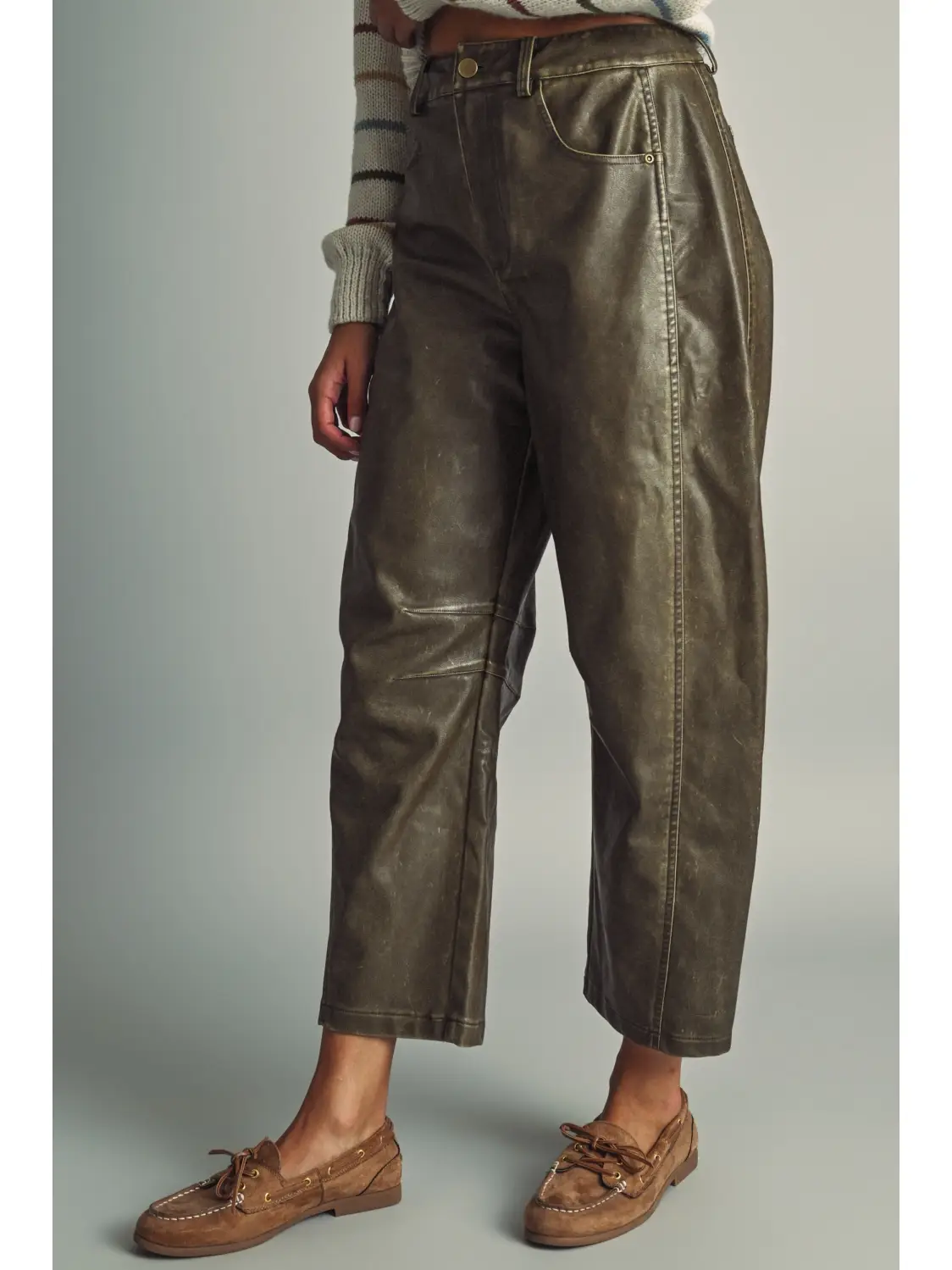 Washed Effect Barrel Pu Pants - BROWN