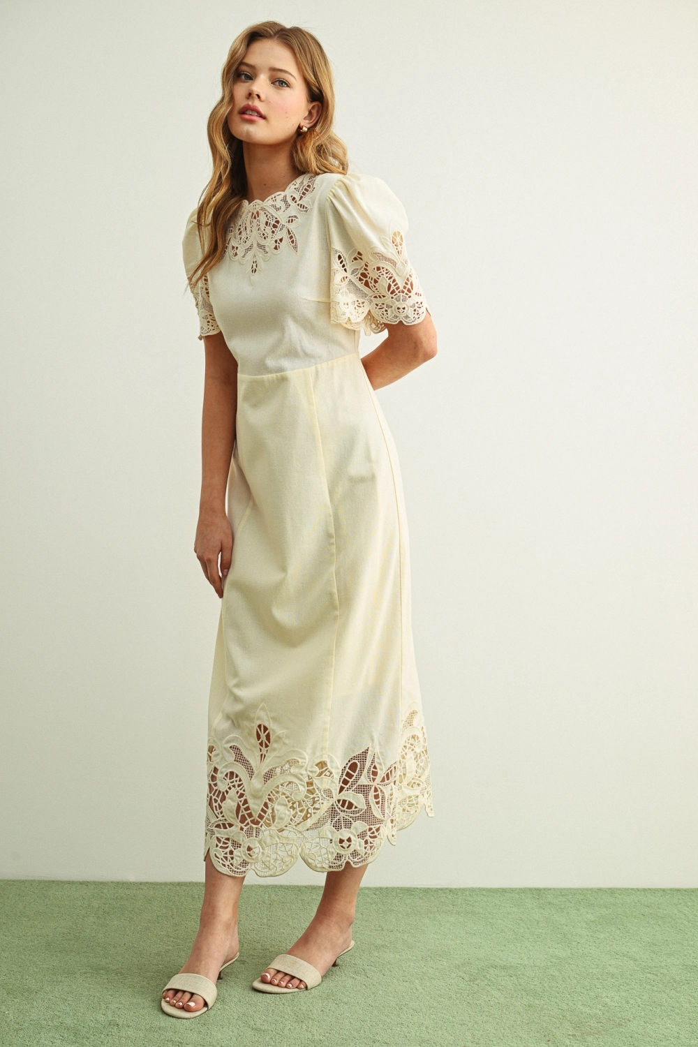 Floral Embroidery Detail Linen Long Dress
