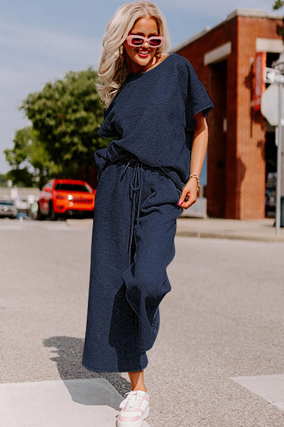 Navy Textured Loose Fit T Shirt and Drawstring Pants Set