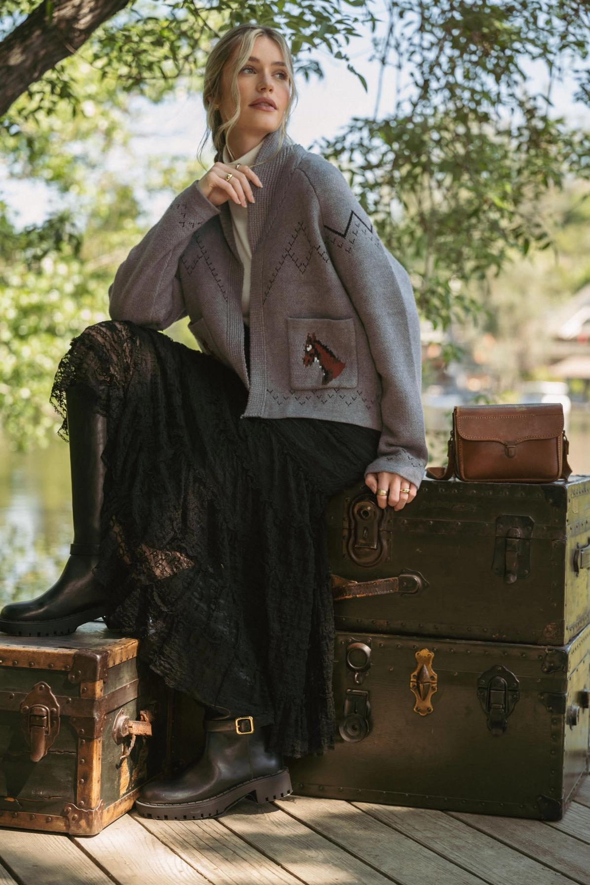 Horse Knit Sweater Cardigan - Dark Grey