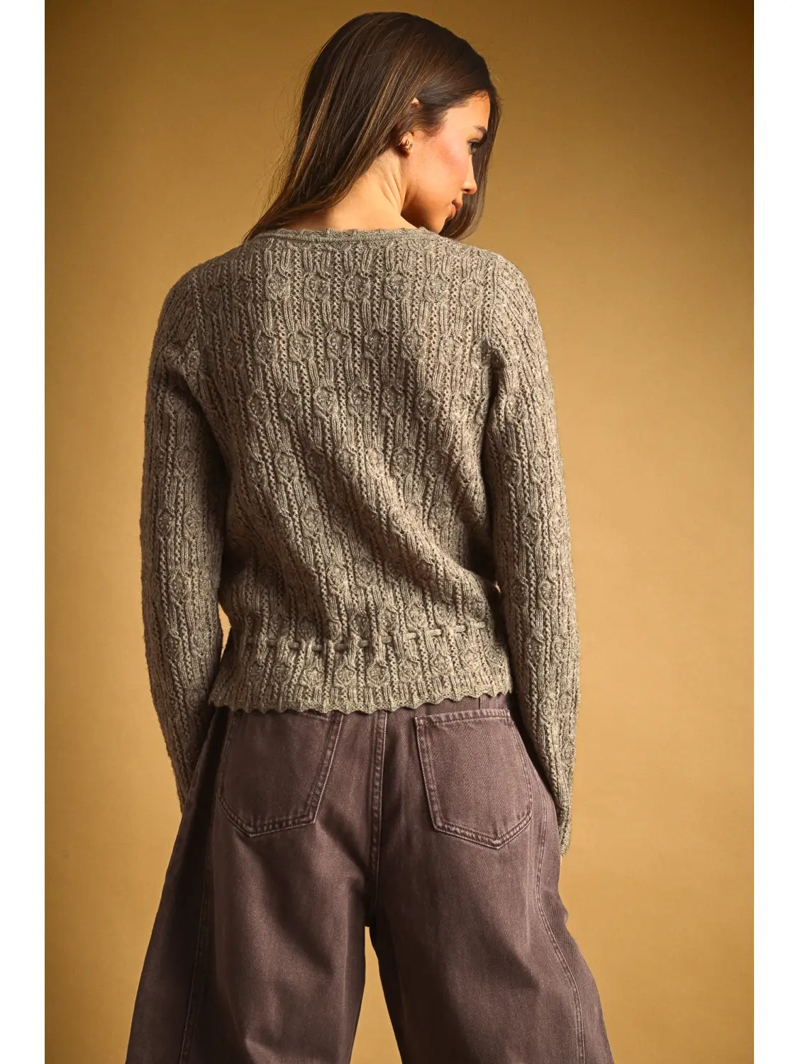 Lace Knit with Drawsting On Waist Knit Cardigan - WARM SAND
