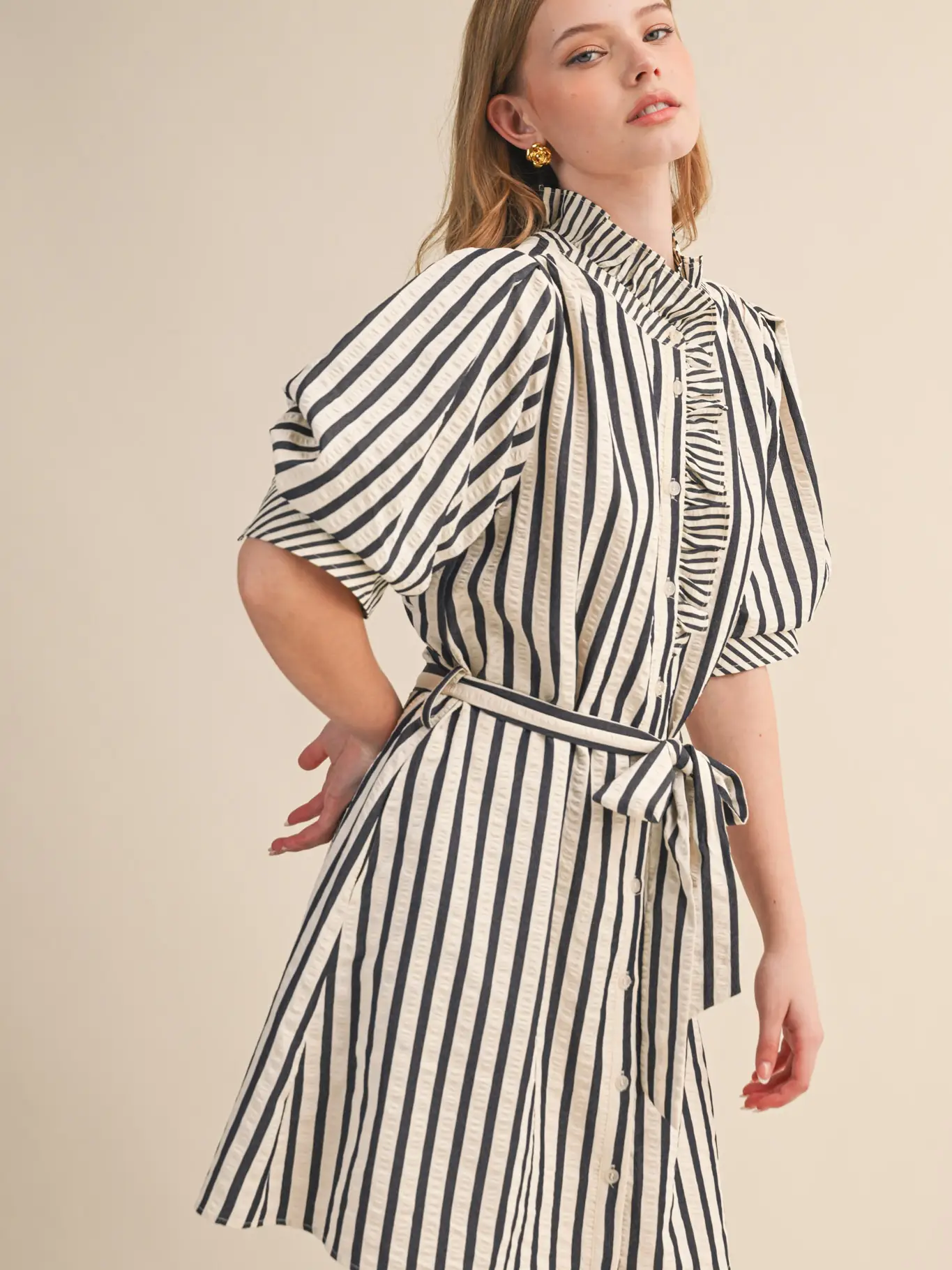 Striped Ruffled Button Down Mini Dress - BLACK STRIPE