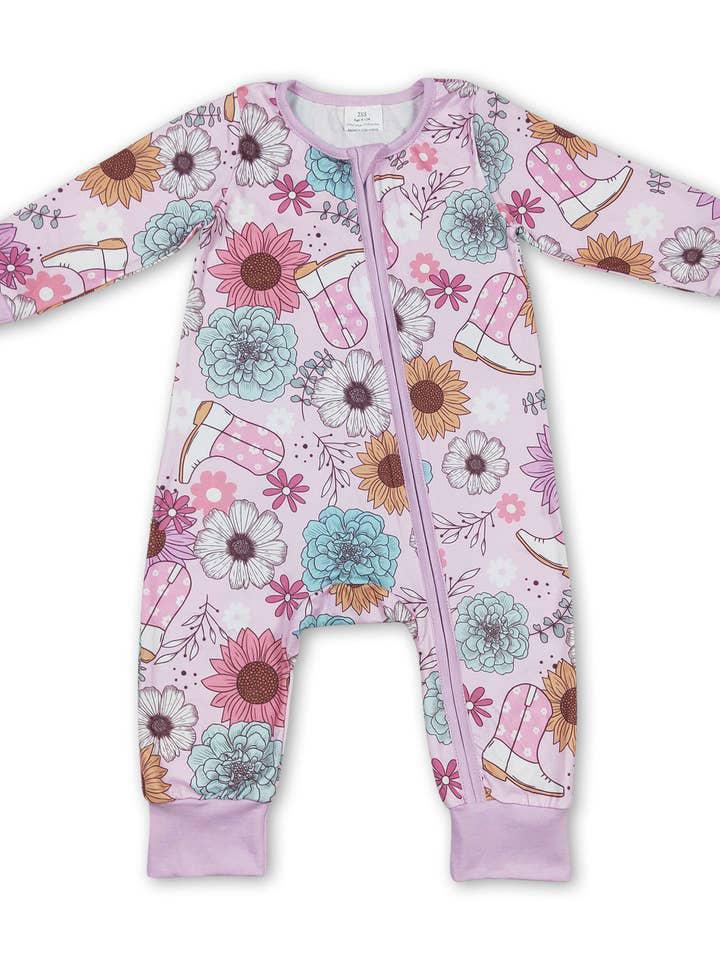 Pink Flower Boots Western Baby Girls Zipper Romper