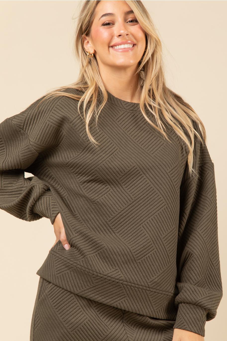Quilted Double Knit Loungewear Top & Pants Set - Olive