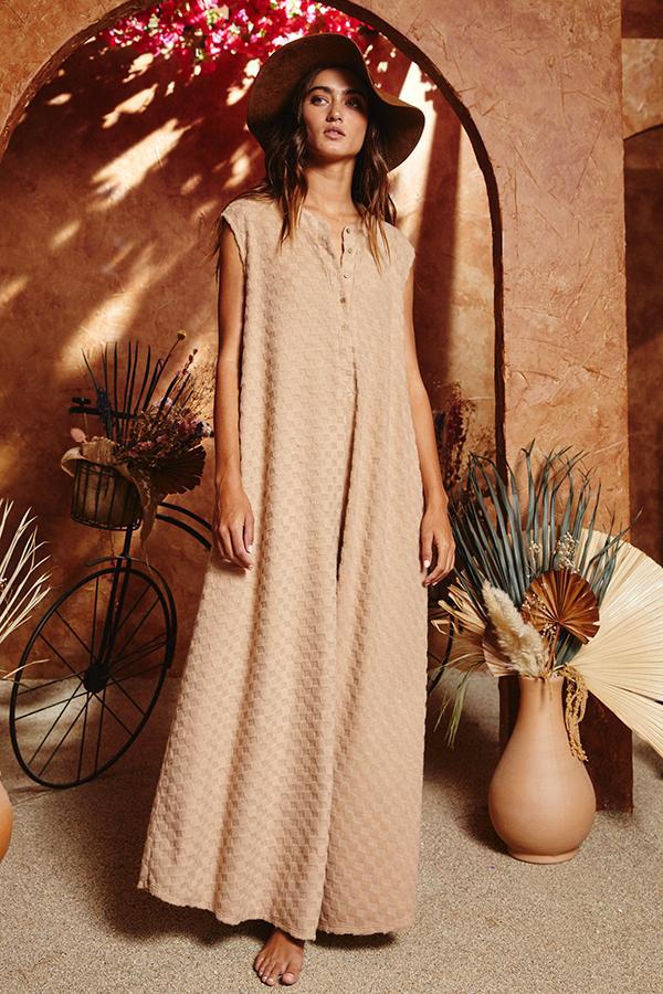 Wide Leg Chess Board Textured Brushed Knit Jumpsuit - TAUPE