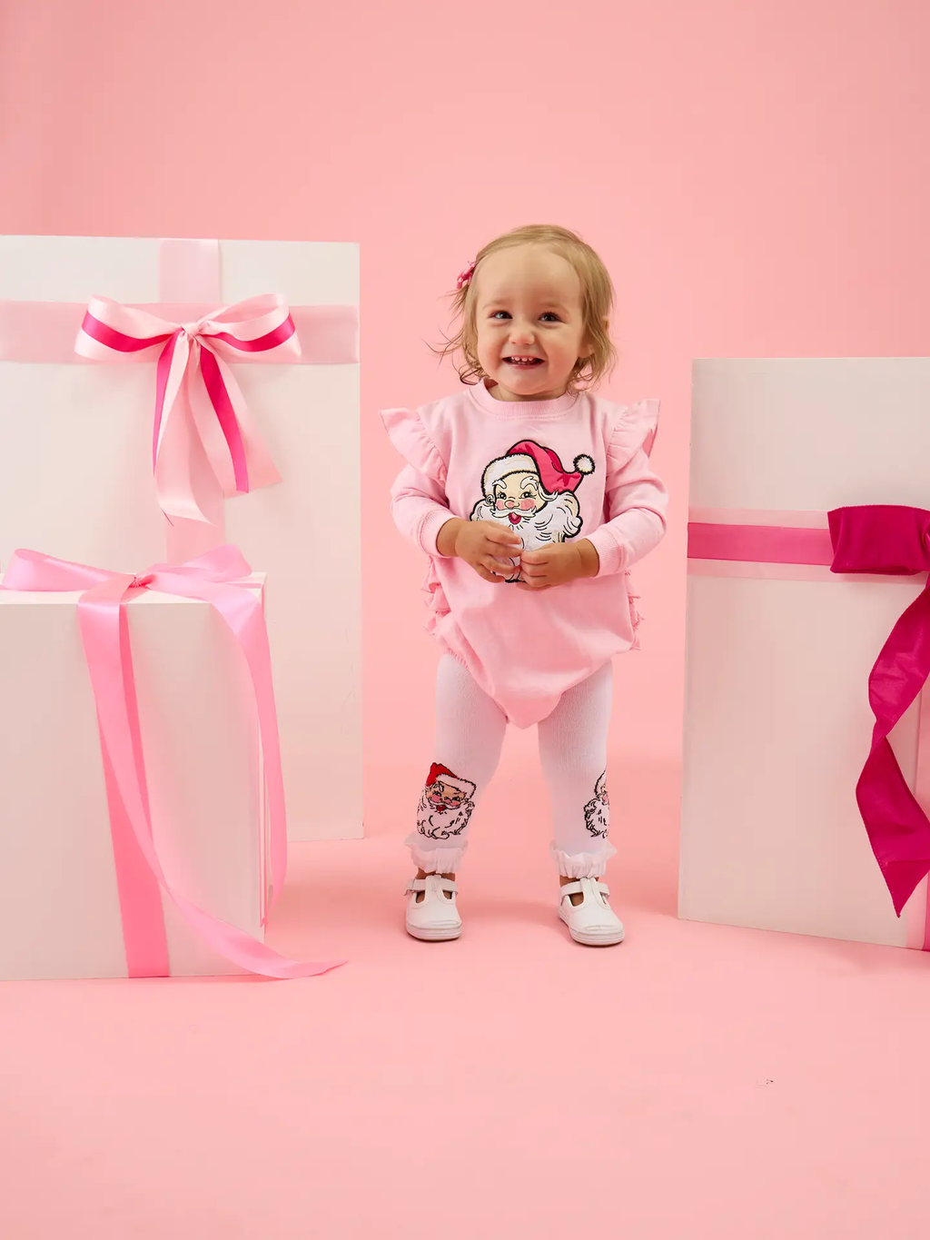 Baby Girls Pink Santa Joy Applique Sweatshirt Bubble Romper with Signature Rear Ruffles