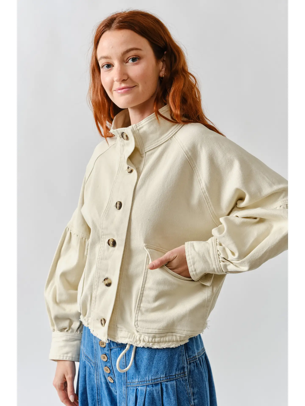 Ballon Sleeve Twill Jacket Drawsting Waist