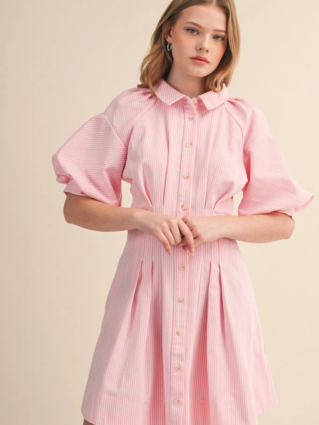 Striped Pleated Waist Button Down Mini Dress - BLACK STRIPE