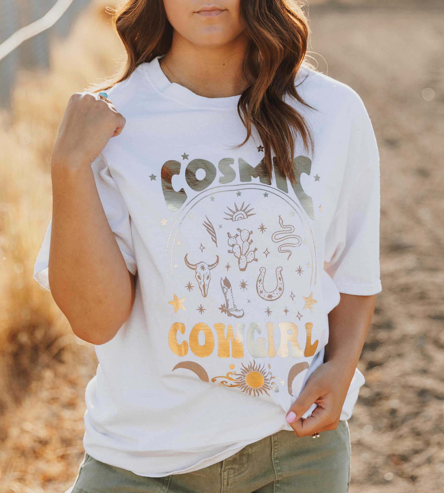 COSMIC COWGIRL FOIL GRAPHIC T-SHIRT - CREAM (OVERSIZED)