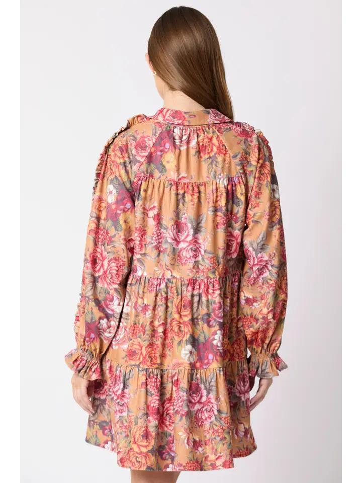 Vintage Floral Printed Corduroy Shirt Dress - Mustard