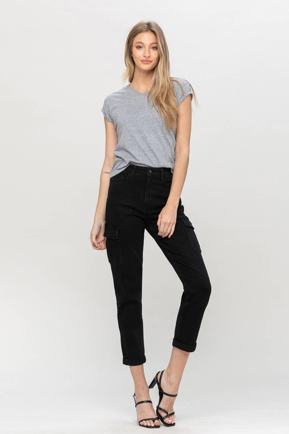 HIGH RISE MOM CARGO PANT | BLACK