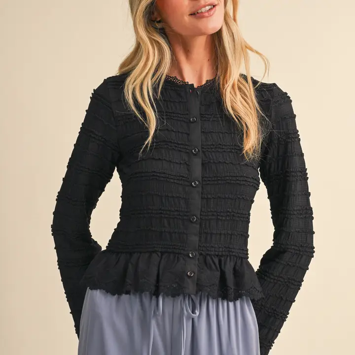 Shirred Button Down Top with Lace Trim - BLACK