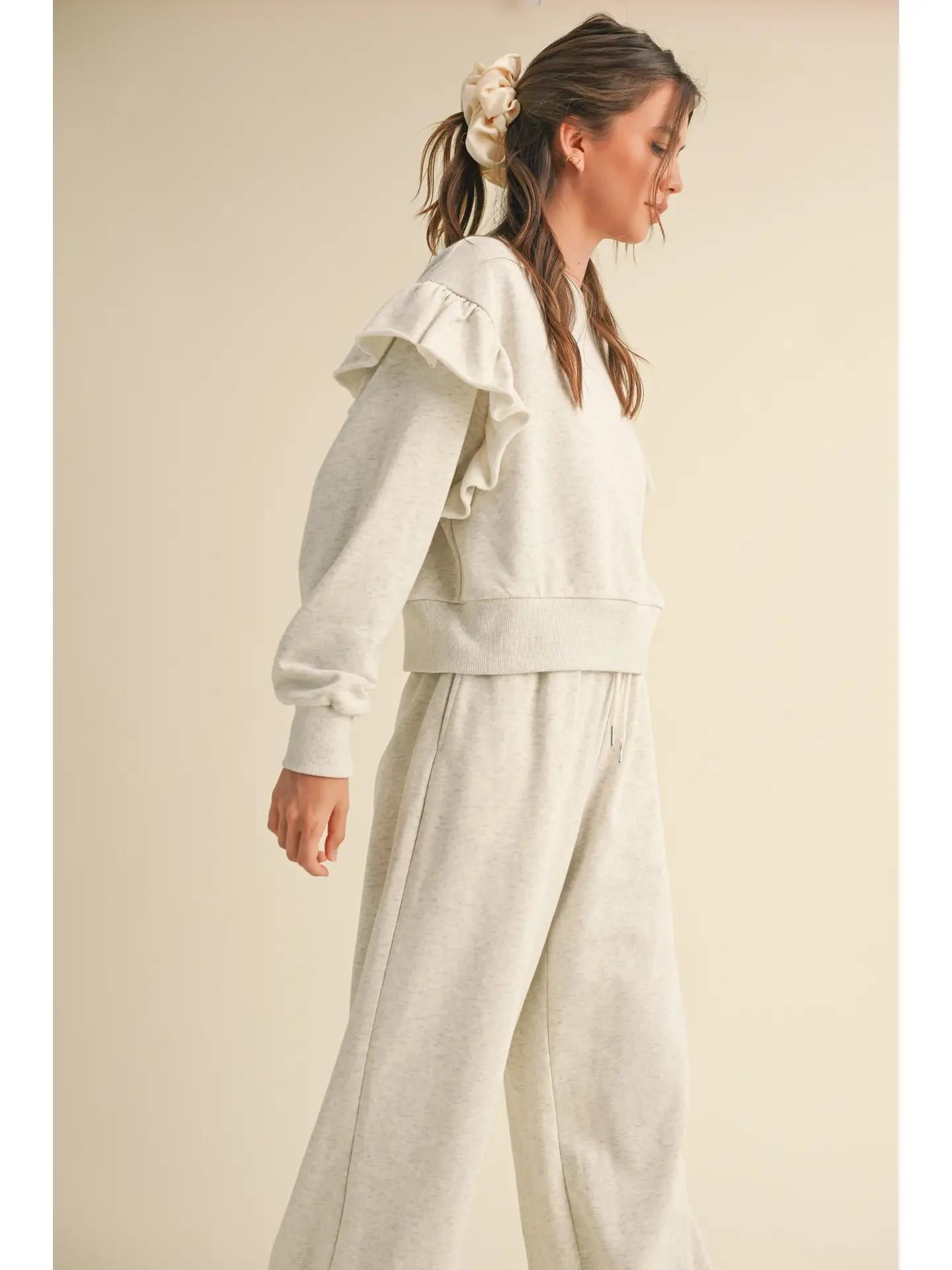 Ruffled Detail Sweatshirts - Heathered Grey