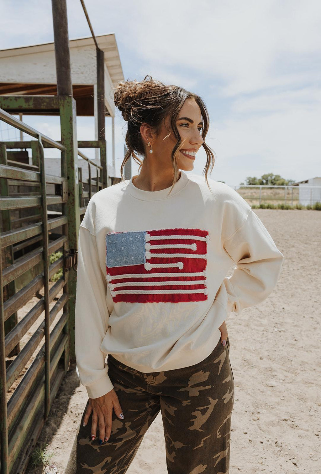 Flag Patch Front Detail Sweatshirts - Cream